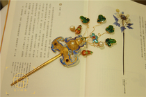 Silver silk inlaid burnt blue inlaid Pearl Ruby Fu Lu Shou hairpin headdress Hanfu jewelry headdress