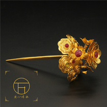 Ming Dynasty original ancient method carved red sapphire top hairpin dibun shape collection traditional Hanfu gold and silver jewelry