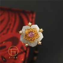 Ancient method handmade Hetian jade silk inlaid Ming Dynasty Jade Hairpin flower Hanfu jewelry ancient gold and silverware flower head hairpin