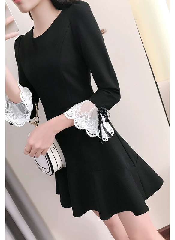 Xuân Yaoyi Baike Mùa xuân khí chất của phụ nữ váy đen nhỏ phiên bản Hàn Quốc của eo cao là mỏng Một từ váy ngắn 6581 - A-Line Váy