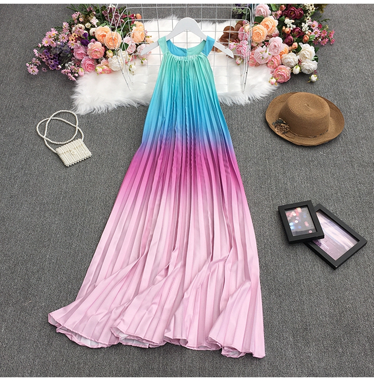 pleated rainbow color gradient round neck loose sleeveless dress NSYXG124776