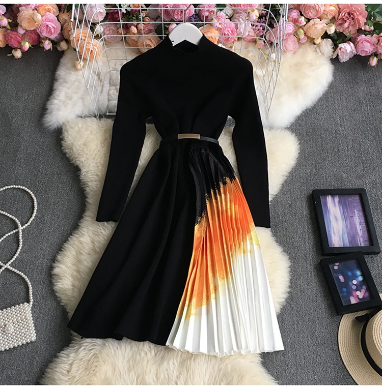 knitted pleated gradient color Stand-up collar slim long sleeve dress NSYXG124760