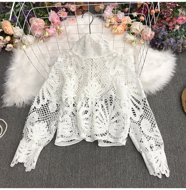 solid color embroidery retro lace lantern sleeve top NSYXG124471