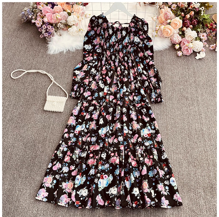 vestido floral con cordones y cuello cuadrado de manga larga con cuello cuadrado NSYXG124772