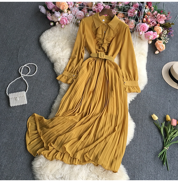 pleated solid color long-sleeved lapel ruffle dress NSYXG124476