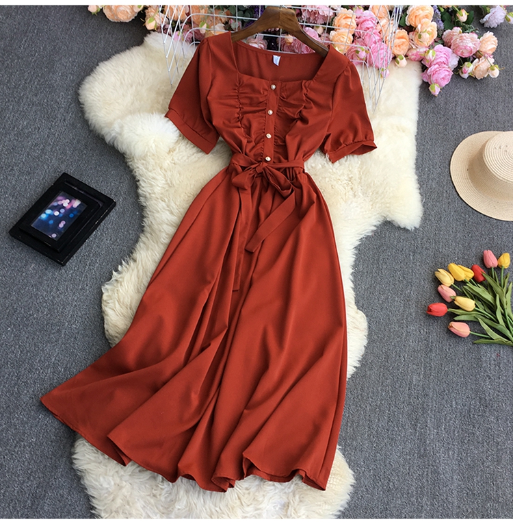 square neck Short Sleeve slim lace-up solid color Dress (multicolor) NSYXG124759