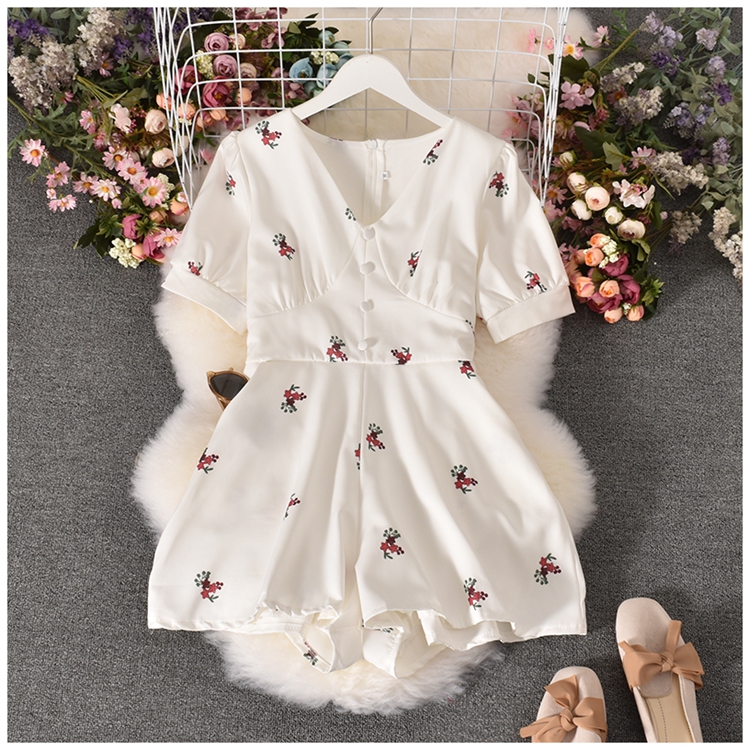 High waist v neck short sleeve wide-leg floral jumpsuit NSYXG133613