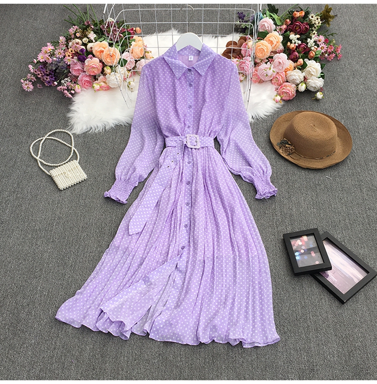 lapel slim long polka dot chiffon pleated dress multicolors NSYXG124276