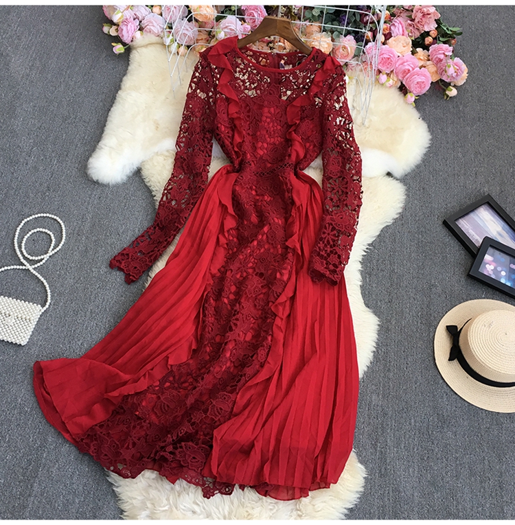 chiffon lace pleated long sleeve large swing ruffle dress (multicolor) NSYXG124857