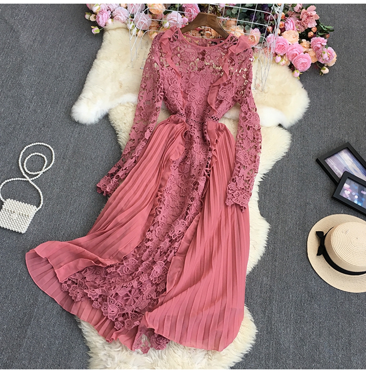 chiffon lace pleated long sleeve large swing ruffle dress (multicolor) NSYXG124857