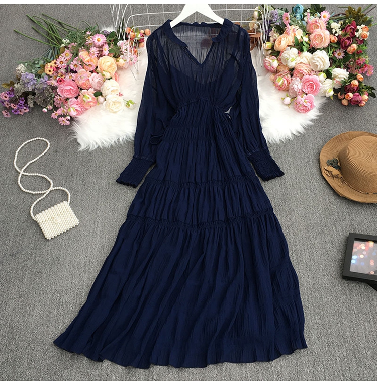 V-neck drawstring waist long sleeve large swing solid color dress-Multicolor NSYXG132189