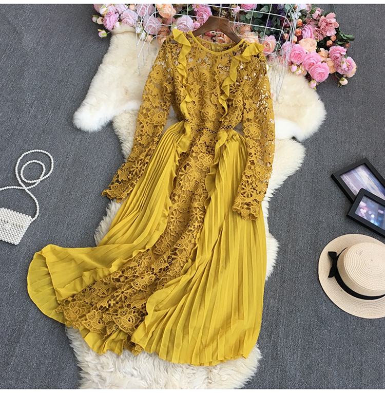 chiffon lace pleated long sleeve large swing ruffle dress (multicolor) NSYXG124857