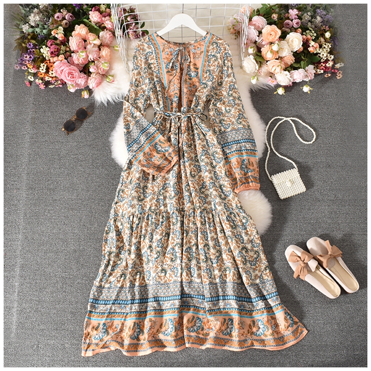 print Retro ethnic style lace-up long sleeve large swing dress NSYXG132966