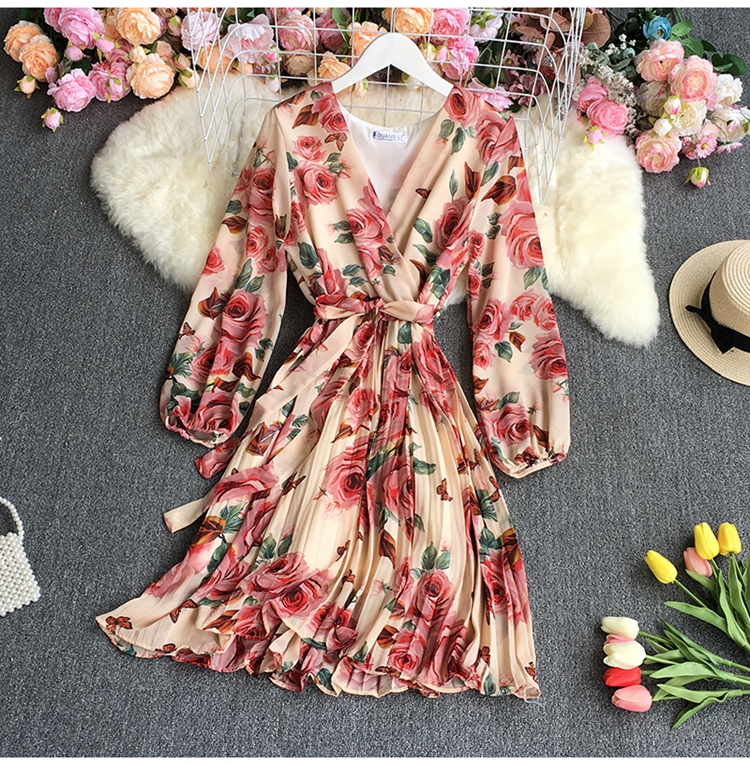 chiffon pleated floral Puff sleeves V-neck lace-up dress-Multicolor NSYXG131783