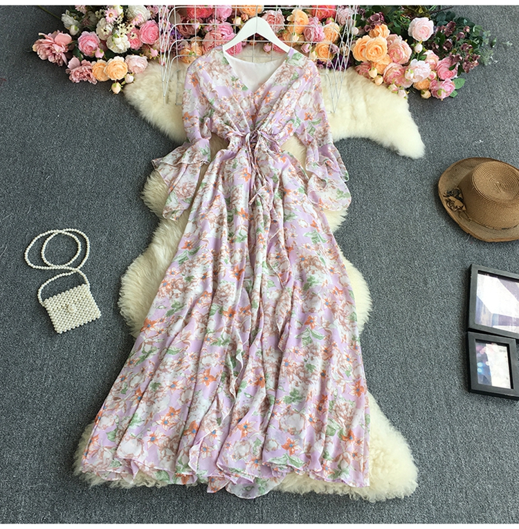 V-neck floral chiffon bell-sleeved waist dress NSYXG124472