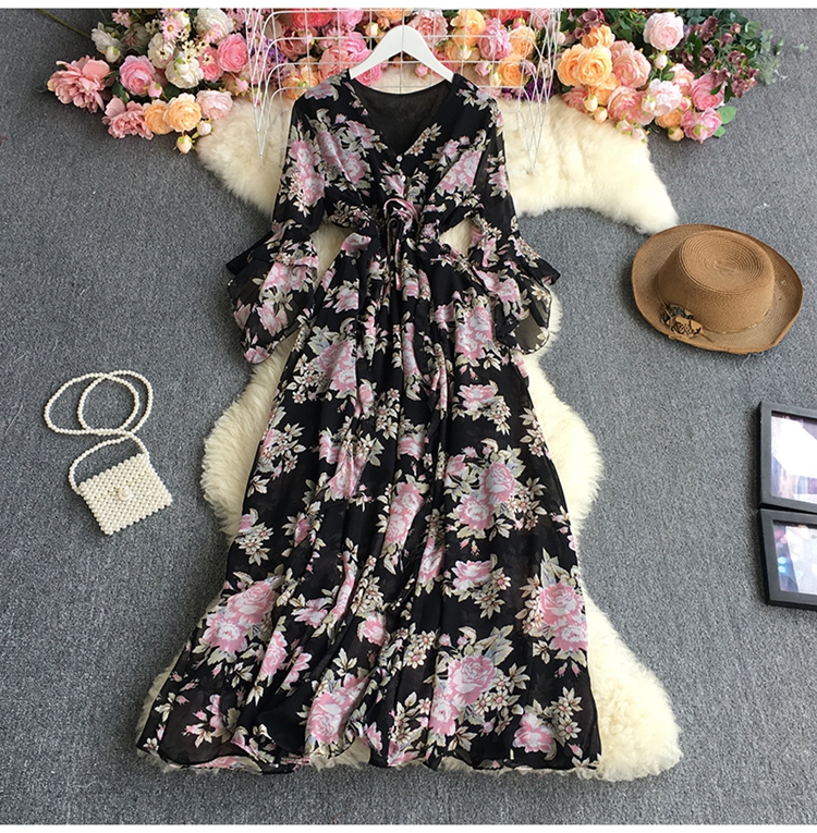 Vestido con escote en pico y manga acampanada de gasa floral en la cintura NSYXG124472