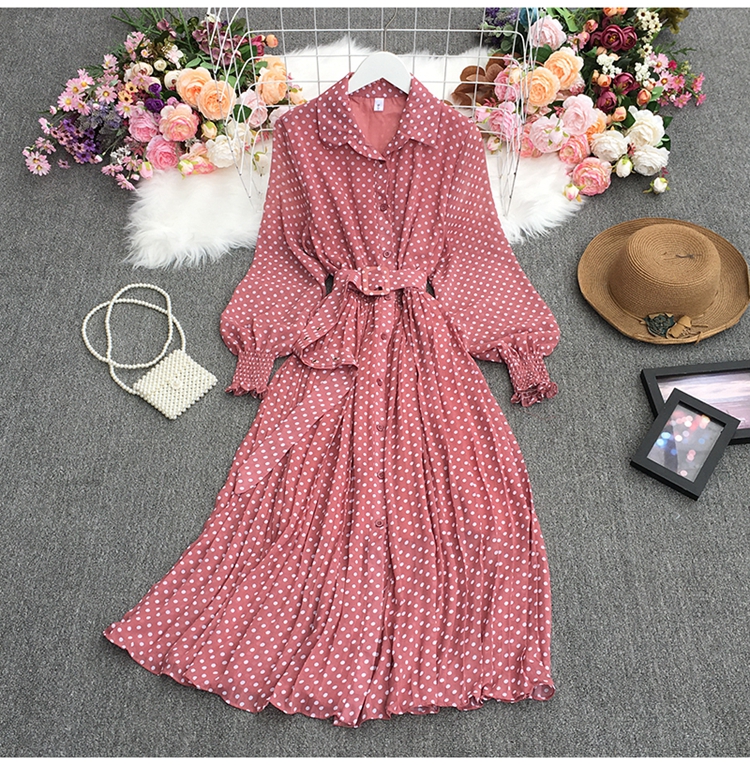 lapel slim long polka dot chiffon pleated dress multicolors NSYXG124276