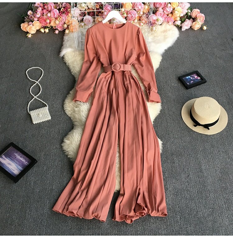 pleated solid color round neck long sleeves wide leg jumpsuit with belt NSYXG124768