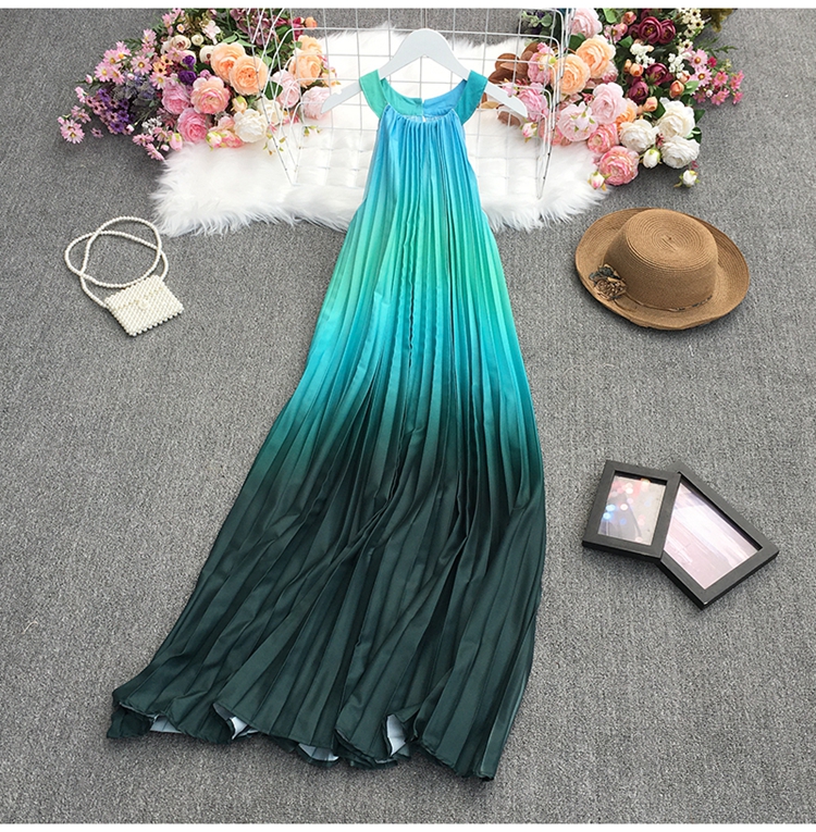 pleated rainbow color gradient round neck loose sleeveless dress NSYXG124776