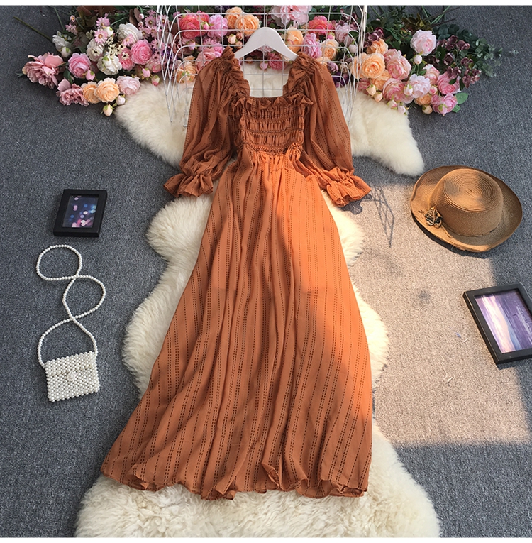 fungus edge puff sleeves slim square neck solid color chiffon dress NSYXG124770