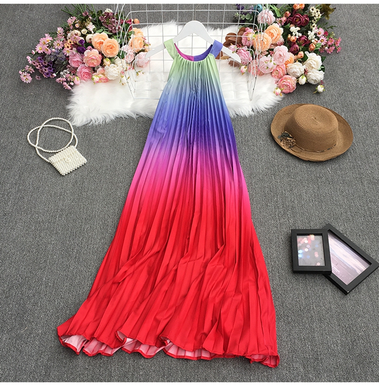 pleated rainbow color gradient round neck loose sleeveless dress NSYXG124776