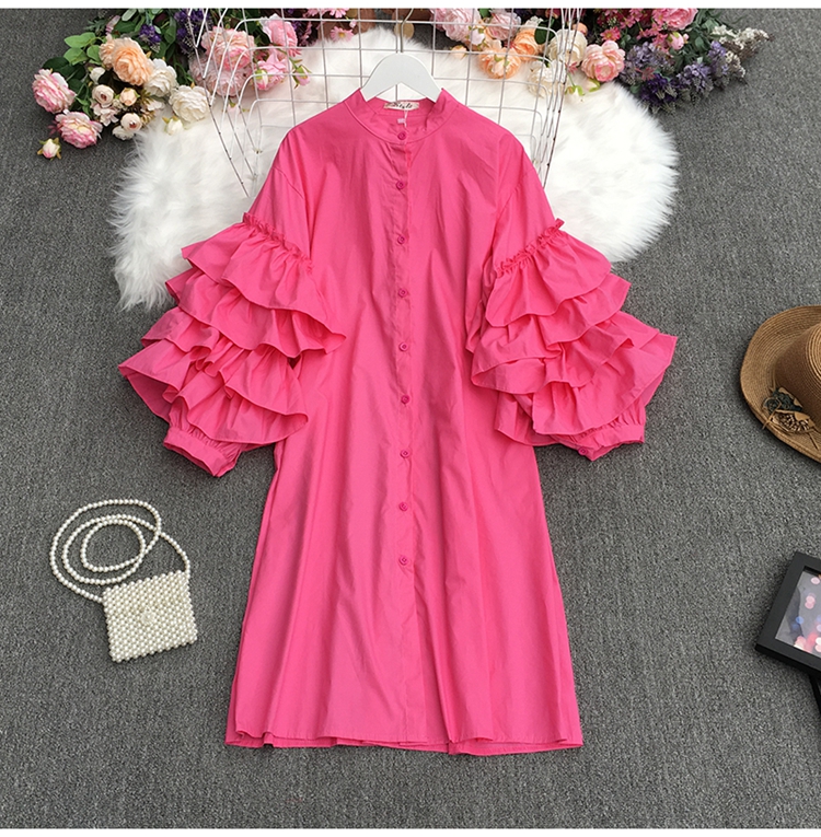 buttons solid color multi-layer ruffled puff sleeves loose dress NSYXG124754