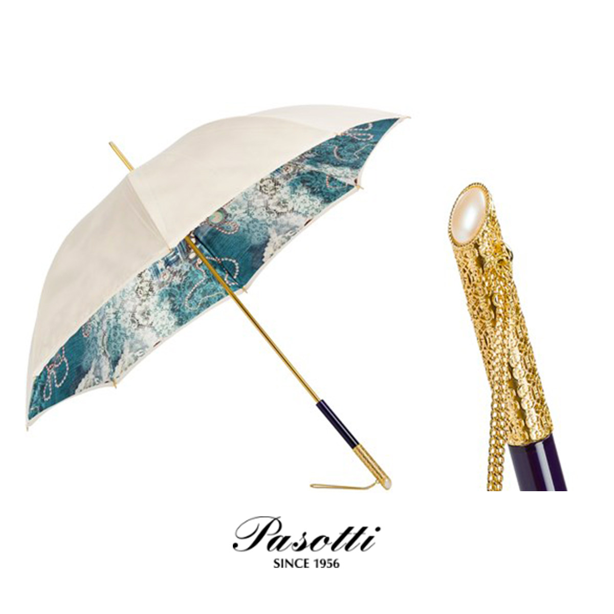 Italy imports Pasotti hand-made umbrella white green pattern gold straight handle lady umbrella Pasotti