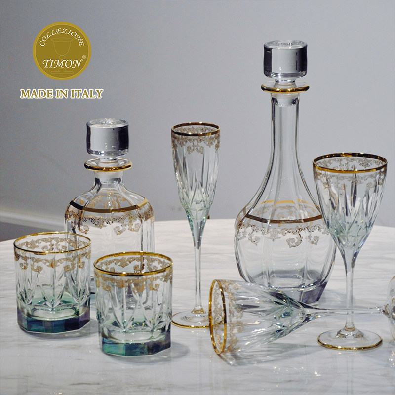 Imported from Italy to Florence handmade TIMON green gold-encrusted hand-painted art crystal wine glasses