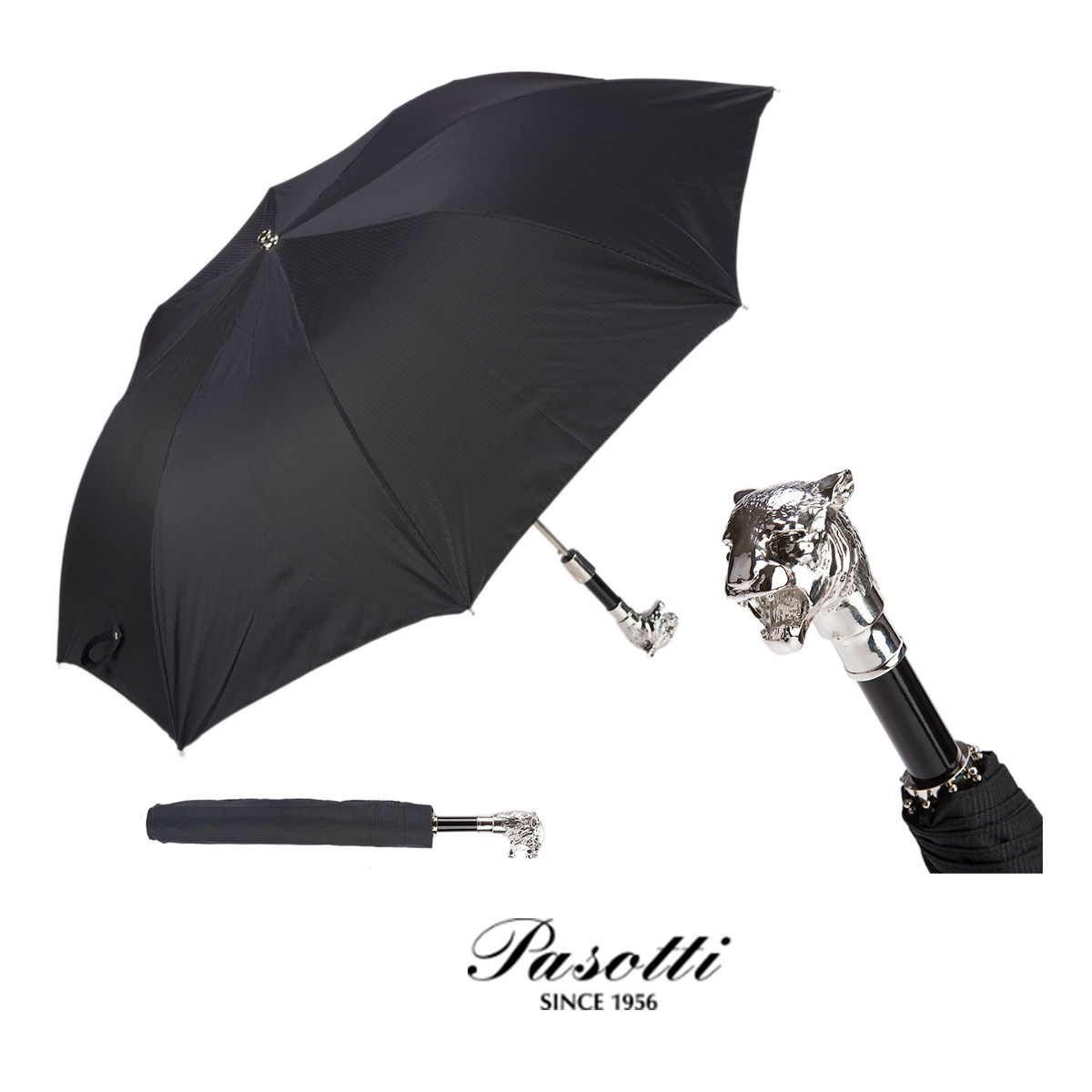 Pasotti Italy imported handmade sunny umbrella gentleman business men's black folding umbrella silver leopard head