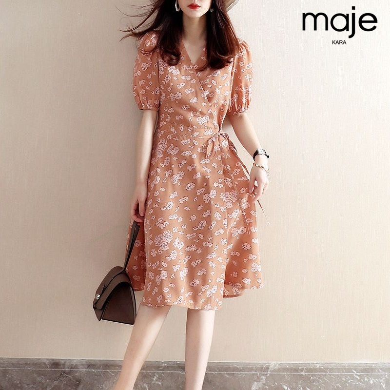 MAJE KARA 2021 summer new fashion temperament girly sense floral short-sleeved wrap loose dress women