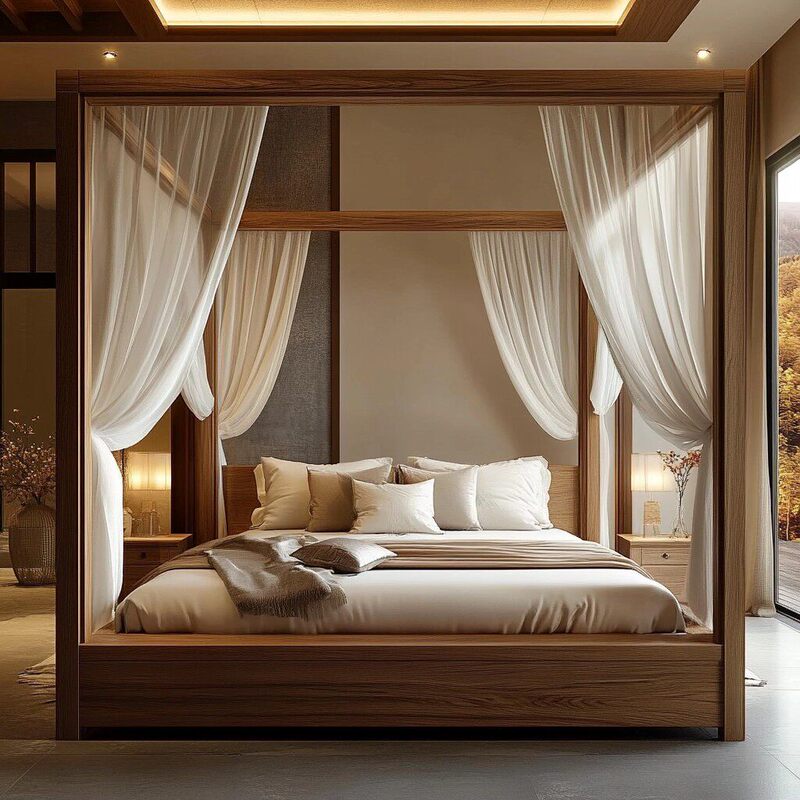 Song-Style Aesthetic Solid Wood Four-Poster Bed, Minimalist Zen-Style Frame Bed, High-End Double Solid Wood Step Bed, New Chinese Style