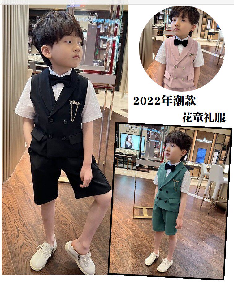 Boy short sleeve suit vest three sets of Inn Wind 2022 Summer Black children Korean version Playboy gown