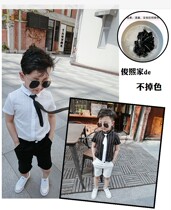 Boys White Shirt Short Sleeve Black Shorts Set English Cotton 2021 Summer Korean Vertical Stripe Six One Performance