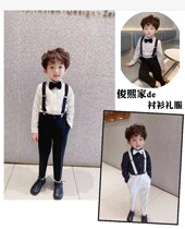 Boys plus velvet white shirt black straps pants set long sleeve British autumn and winter children Korean flower girl performance dress