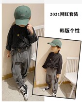 Boy Nets Red Suit Early Spring Dress Spring Clothes 2021 New Blouse Striped Pure Cotton Pants Children Children