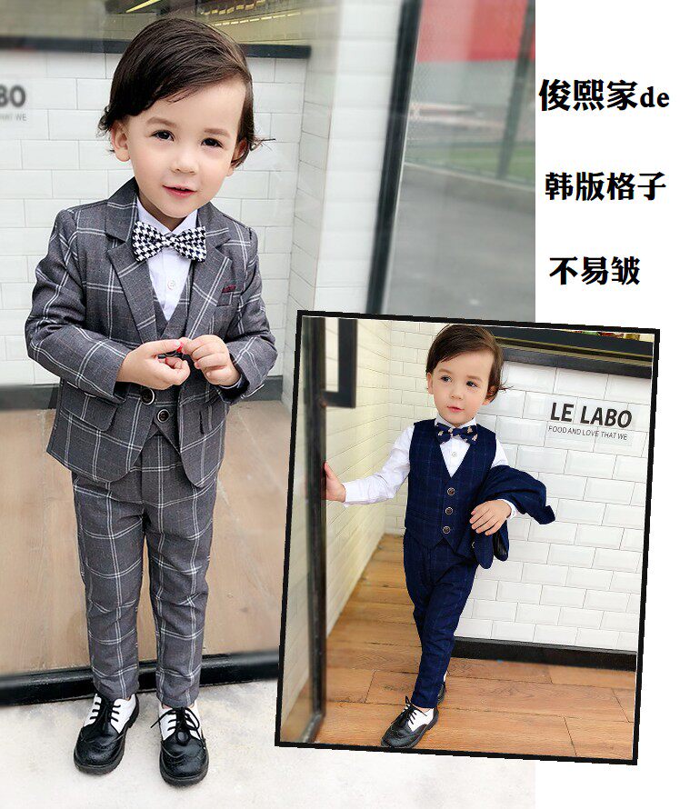 Boy Plaid Suit Suit Shirt Waistcoat three sets of Inn Wind Children's children Korean version of the Korean version of the dress Western suit