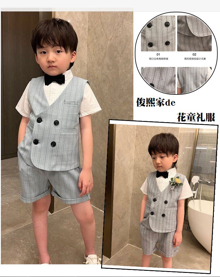 Boy's Short - sleeved Shirt 3 - piece Flower Boy dress British Wind 2022 Summer Blue Strip Han Gas