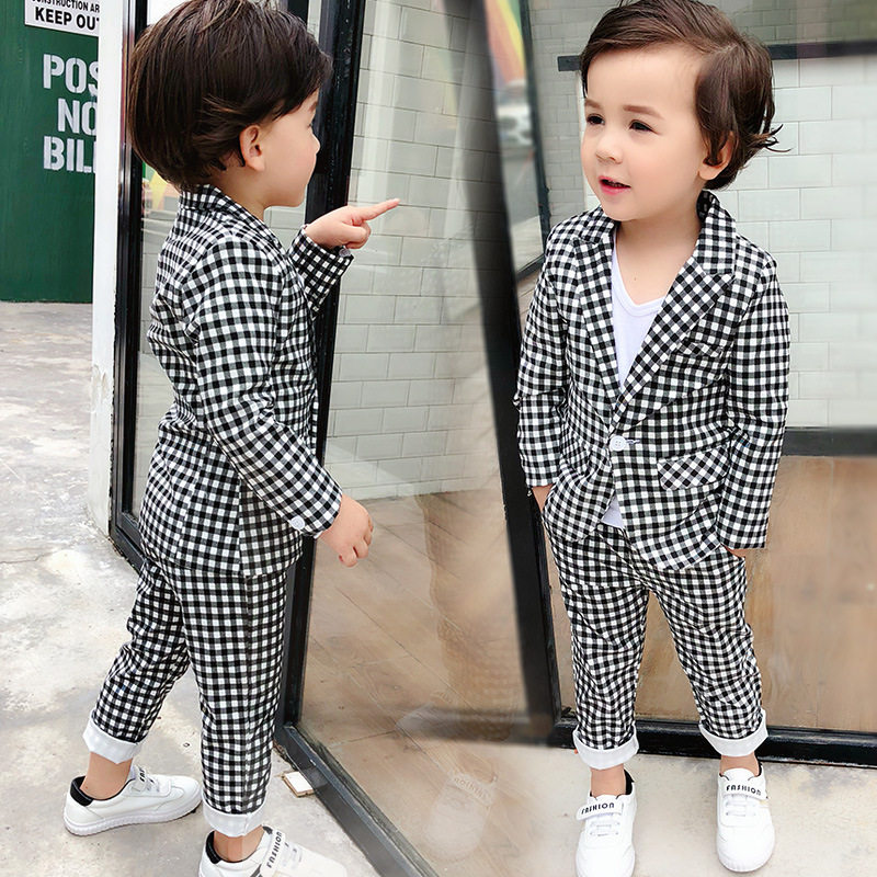 Boy's Thousand Bird Gsuits suit Korean version Inron handsome and casual 2021 Chunqiu Children's black and white Gacy suit