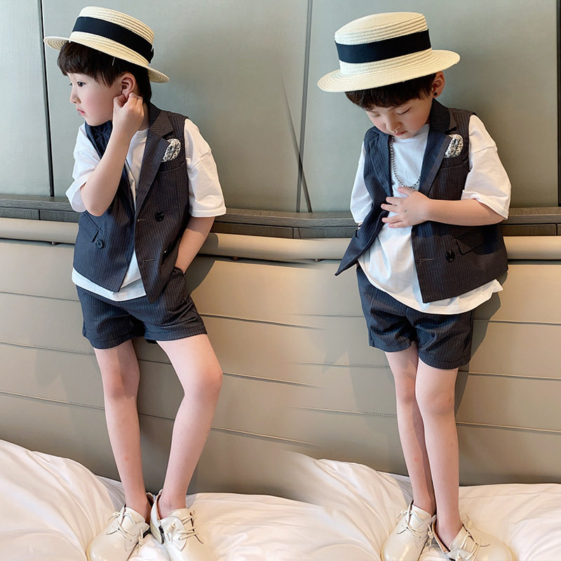 Children's suit waistcoat shorts striped suit boy 2021 Summer new flower boy gown handsome and casual Western suit
