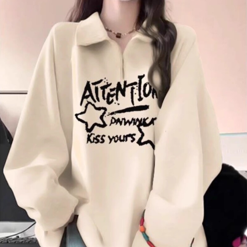 American-Style Long-Sleeve Polo Collar Sweatshirt for Girls, Suitable for Middle School, High School, and College Students, Loose-Fitting Top, Jacket, Spring and Autumn, Thickened, Trendy