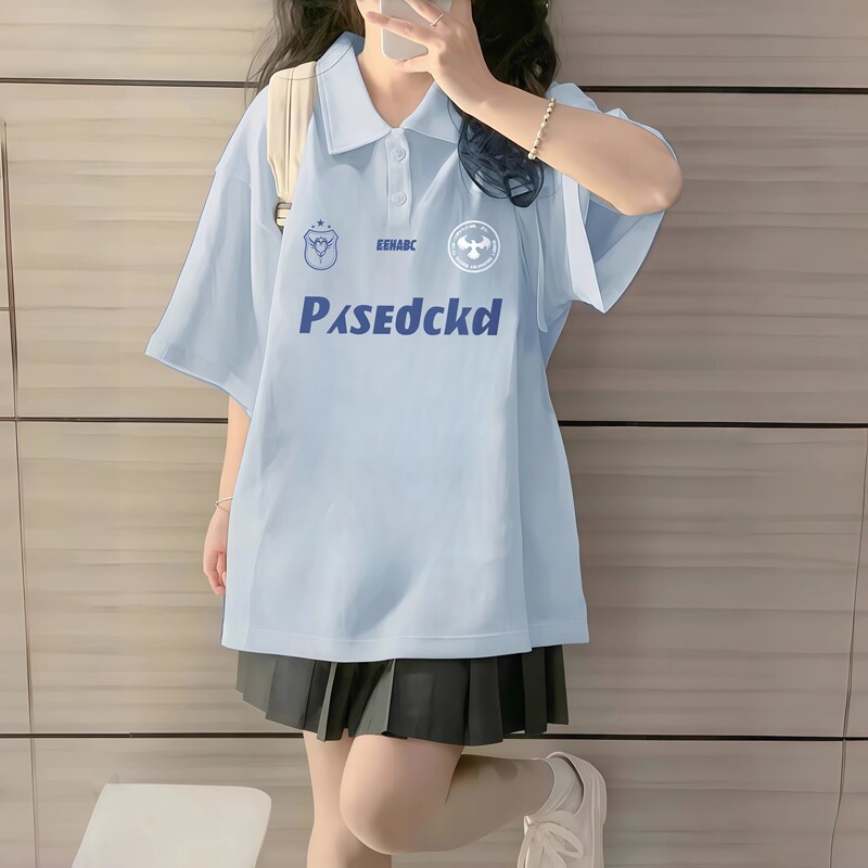 Milk Blue Stylish Girl's Short-Sleeved Polo Shirt, Summer Clothing for Older Children, Loose Cotton T-Shirt Top for Middle and High School Students Milk Blue Stylish Girl's Short-Sleeved Polo Shirt, Summer Clothing for Older Children, Loose Cotton T-Shirt Top for Middle and High School Students