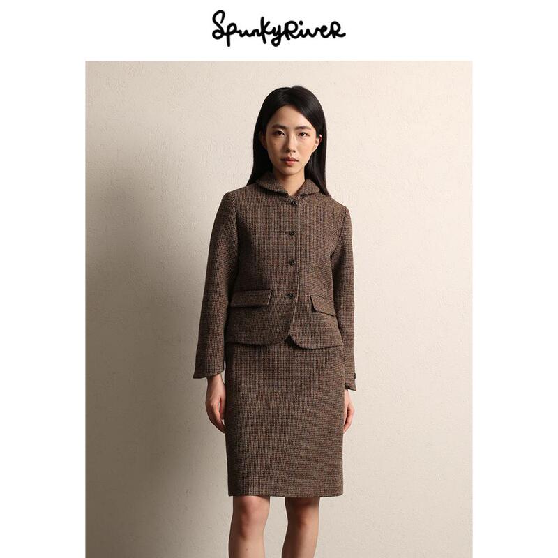 Spr｜Harris Tweed Harris Tweed Oatmeal Check Vintage Mandarin Collar Short Coat and Skirt Set