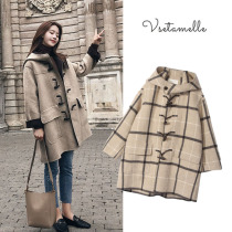 Maternity wear horn button woolen coat for women winter Korean style loose contrasting plaid coat fashion mid-length trendy mom