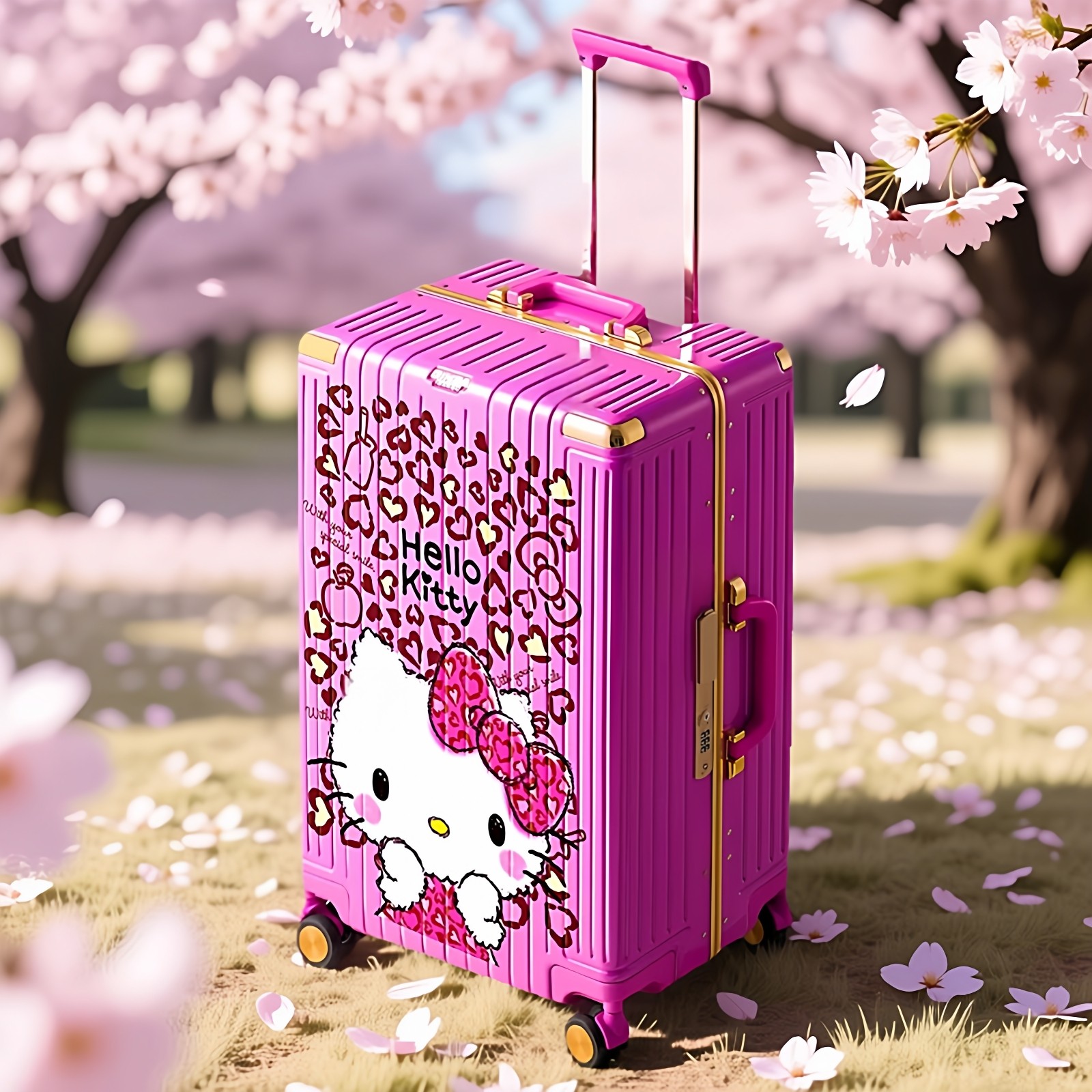 Hello Kitty co-branded pink trolley case with universal wheels, stylish aluminum frame, large capacity, suitable for women.