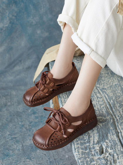 2025春夏民族风牛皮复古凉鞋中空软底罗马女鞋系带休闲镂空鞋