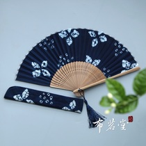 Cloth Drinking Hall Handmade Zdyeing Printing And Dyeing Folding Fan Plant Blue Dyeing Cotton Fabric Folding Fan and Wind Day Process Folding Fan