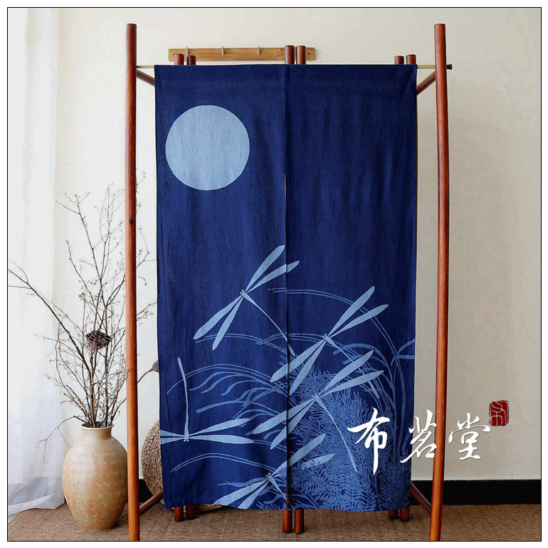 Cloth Tea Hall Pull white cotton curtain compilation album Japanese style door curtain plant blue dyeing home tea room curtain