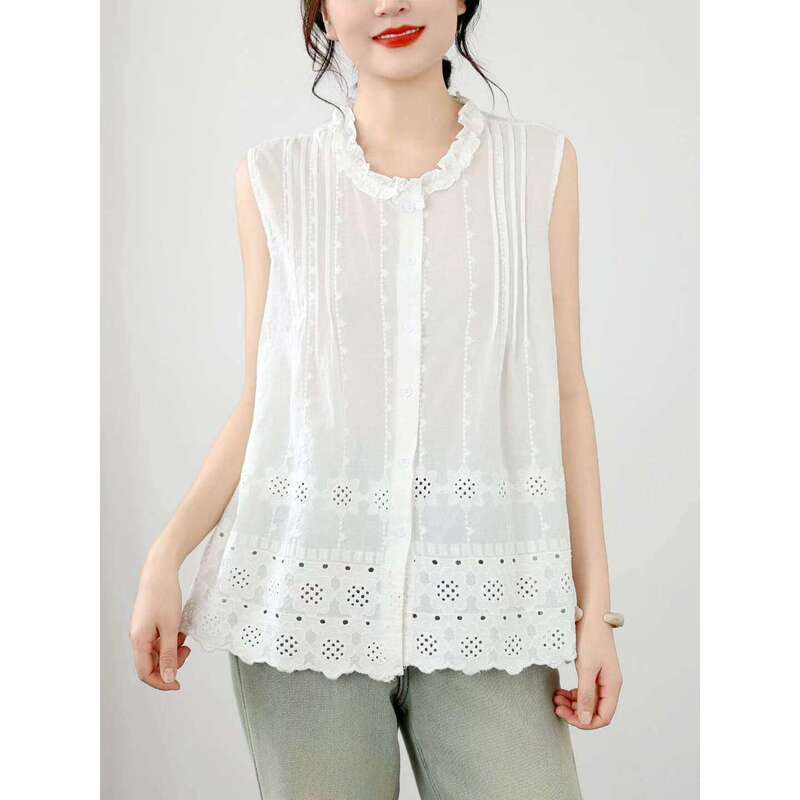 French-Style White Lace Sleeveless Shirt for Women, Versatile Hollow Lace Top, Jacquard Shirt Vest French-Style White Lace Sleeveless Shirt for Women, Versatile Hollow Lace Top, Jacquard Shirt Vest