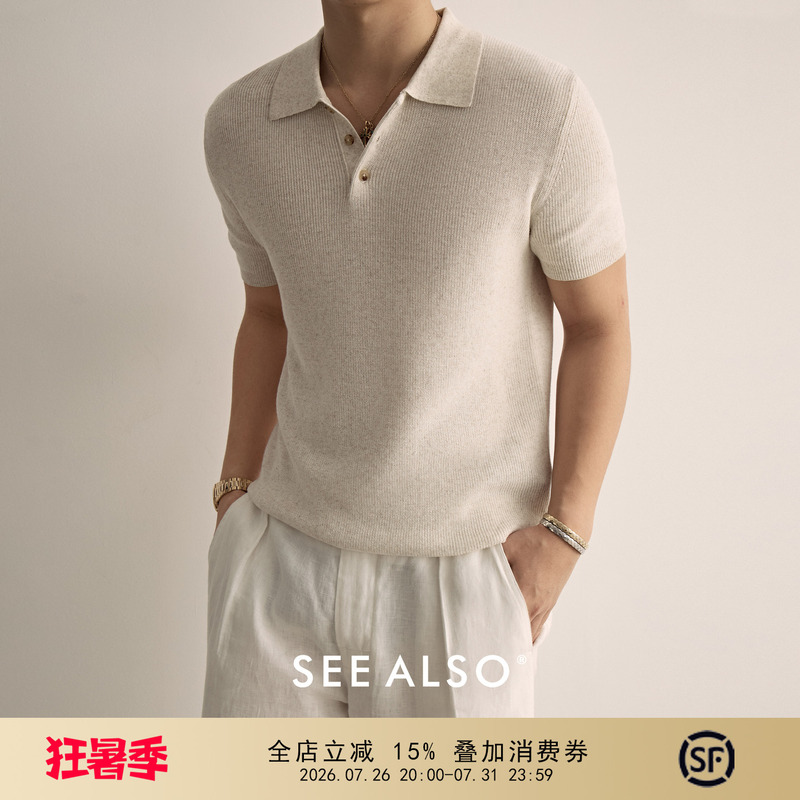 Seealso『Big Deal』T-Shirt Knitwear Summer Thin Old Money Style Cotton Linen Knit Polo Shirt Short Sleeve Men's