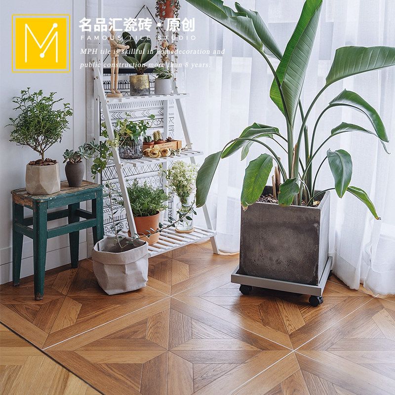 American wood grain brick parquet Living room floor tile 600 imitation solid wood dining room balcony Shop floor tile Non-slip antique brick